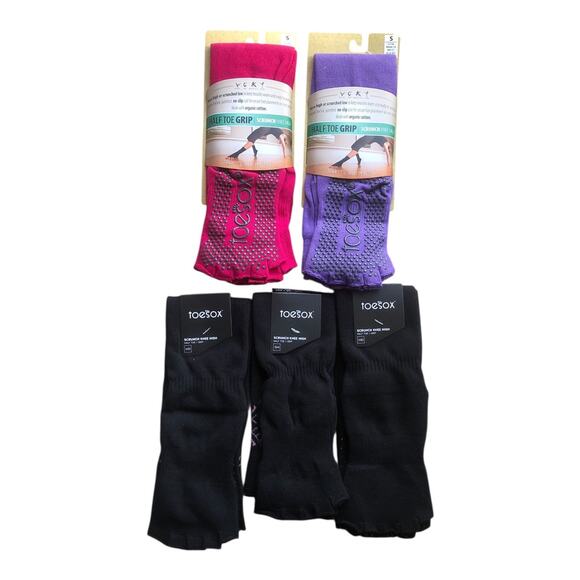 Lot Of 5 Toesox NIP Scrunch Knee High Half Toe Non-Slip Grip Black Pink Purple - Picture 1 of 16